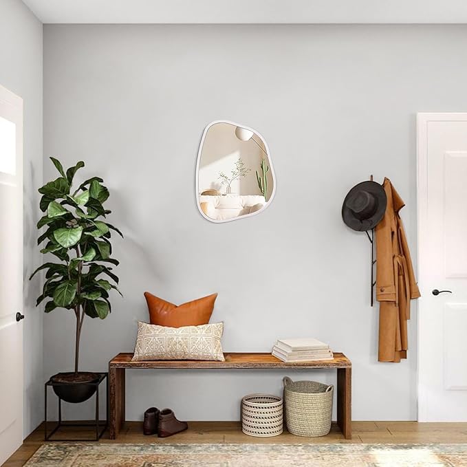 White Irregular Bathroom Mirror Modern Oval Wall Mirror Asymmetrical Wooden Framed Wall Mirror Unique Shape Wall Mounted Vanity Artistic Mirror Decor for Living Room Bedroom Entryway Small 14
