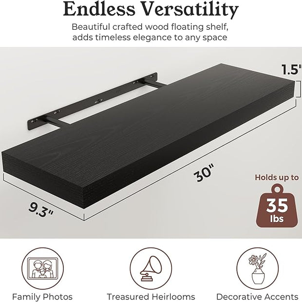 Floating Shelves for Wall, 9.3" Deep Wall Mounted Wood Shelves for Bathroom, Bedroom, Living Room, Kitchen, Hanging Shelf for Books/Storage/Room Decor (Black, 30")