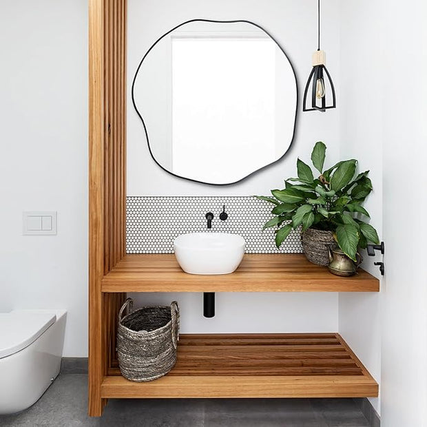 POZINO Irregular Round Mirror, 25" Asymmetrical Circle Mirrors, Scalloped Mirror Over Sink, Modern Frameless Abstract Mirrors for Living Room Bedroom Bathroom Entryway Hallway Fireplace