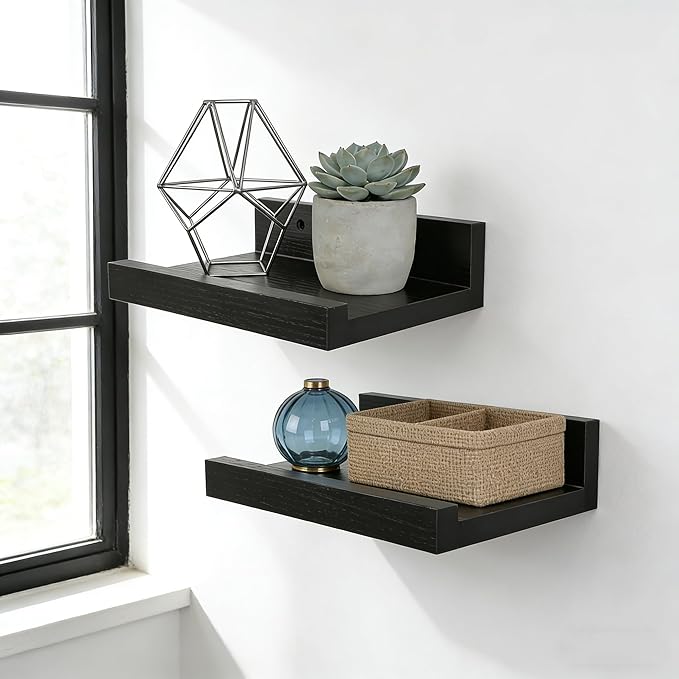 Z metnal Small Floating Shelves, Natural Wooden Display Wall Shelf for Picture Ledge, Nursery Floating Shelves, Black, Wall Mounted, 8 x 5.5 inch, 2 Pcs