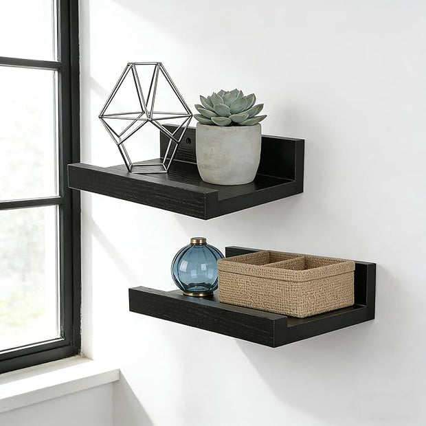 Z metnal Small Floating Shelves, Natural Wooden Display Wall Shelf for Picture Ledge, Nursery Floating Shelves, Black, Wall Mounted, 8 x 5.5 inch, 2 Pcs