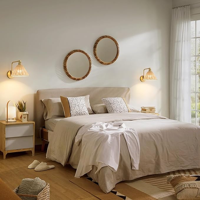 Rattan Rechargeable Wall Sconce Set of 2, Gold Battery Operated Wall Lights with Remote, Hand Woven Boho Sconces Swing Arm Wireless Wall Lamp for Bedroom, Living Room, Hallway Decor