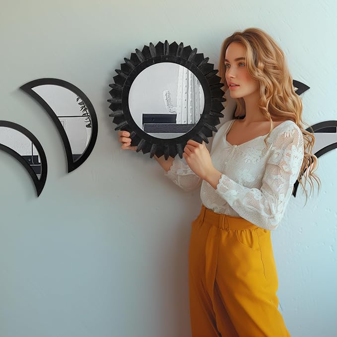 WAKOSAN Wall Mirror, Moon Phase Mirror Set, Wall Decor for Bedroom, Bohemian 5PCS Wooden and Real Glass Mirror with Crystal Clear Reflection, Boho Decor, Multi-Angle Installation (Black)