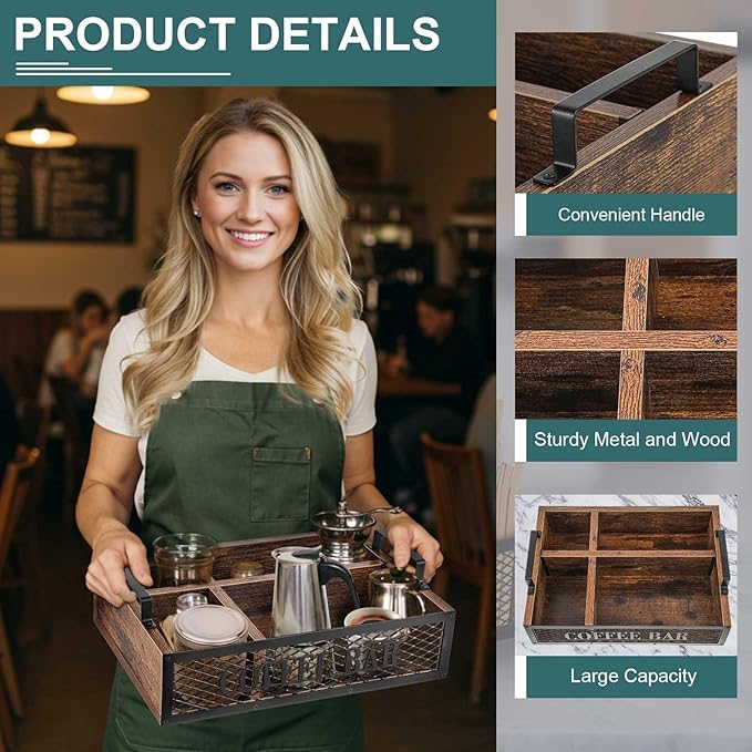 Coffee Station Organizer for Countertop, All in One No Assembly Wood Coffee Creamer Bar Holder with Iron Mesh, Office Tea Bar Accessories Gift for New Home Birthday(Brown,Natural)