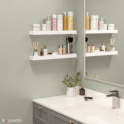 Ballucci Modern Floating Shelves 24", Set of 2 Wood Wall Mount Ledges for Nursery, Living Room, Bathroom, Kitchen, Office, White
