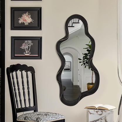 Large Asymmetrical Mirror Irregular Modern Cloud Wall Mirror Wood Frame Unique Artistic Wavy Mirror Wall Mounted Vanity Mirror Decorative for Living Room Bedroom Bathroom Entryway Hallway 30"x14"