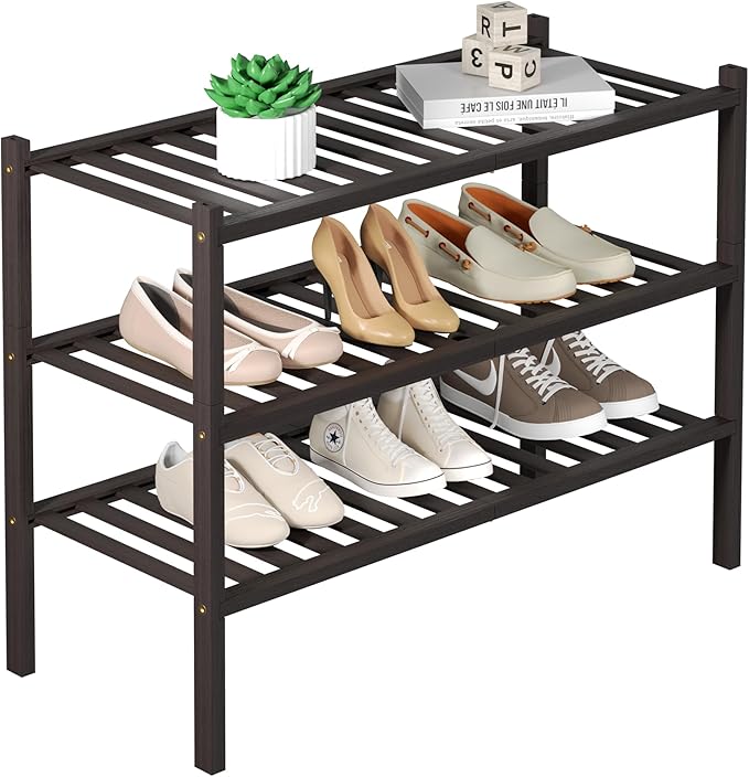3 Tier Bamboo Shoe Rack for Closet Free Standing Wood Shoe Shelf for Entryway Small Space Stackable 27
