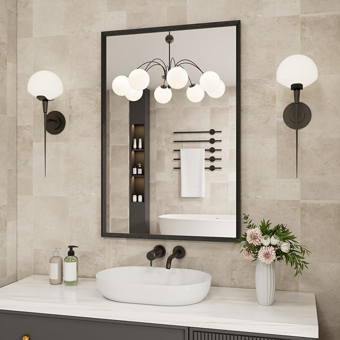 Bathroom Vanity Mirror 24x36 Inch, Matte Black Rectangle Bathroom Mirror, Anti-Rust, 4MM Tempered Glass, Wall-Mounted Mirror, Hangs Horizontally or Vertically for Bathroom & Bedroom