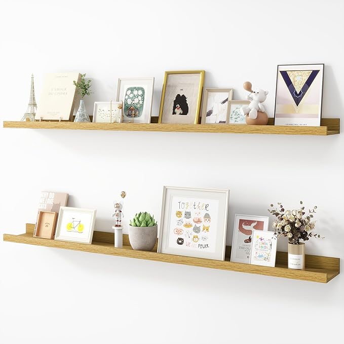 Picture Ledge Shelf, Wood Long Floating Shelves for Wall, Set of 2, 48 inch Picture Ledge Shelves, Photo Ledge Nursery Book Shelves Wall Mounted for Living Room Kids' Room Bedroom, Color Oak