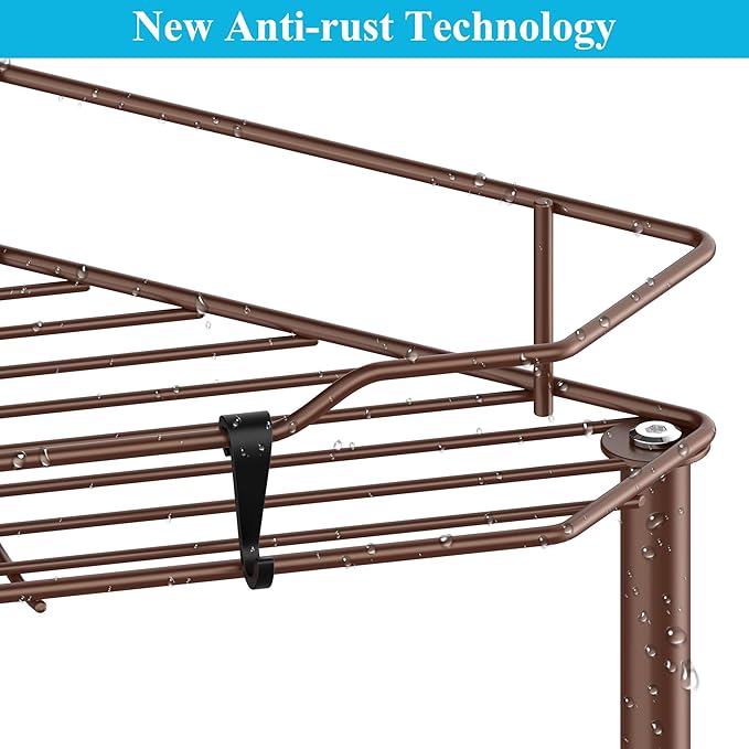 3 Tier Floor Standing Corner Shower Caddy Organizer Shelf with Hooks, Bathroom Shelves Stand Rack, Coffee