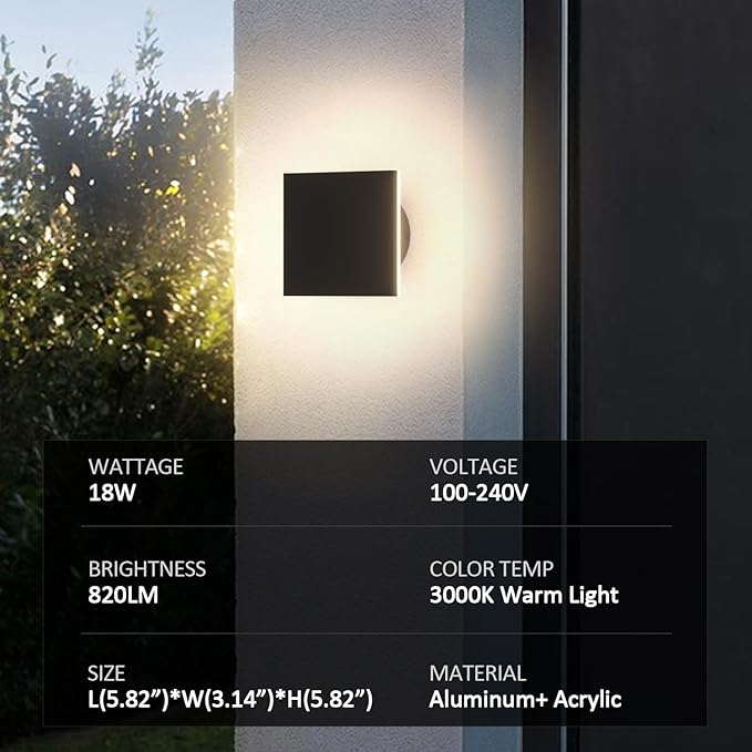 Outdoor LED Wall Light Modern Porch Light Patio Light for House Outdoor Wall Sconce Aluminum Waterproof Porch Lights Indoor Exterior Sconce Wall Lighting Warm White 3000K (Square)