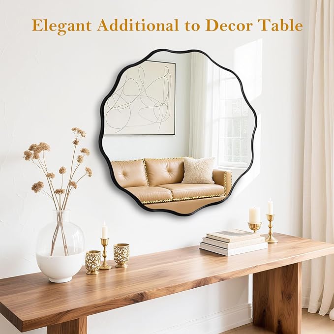 Fabuady Black Round Wavy Edge Mirror - 24'' Circle Wall Mirror with Metal Frame, Decorative Hanging/Leaning Mirrors for Bathroom, Bedroom, Living Room, Hallway, Entryway, Office, Home Decor