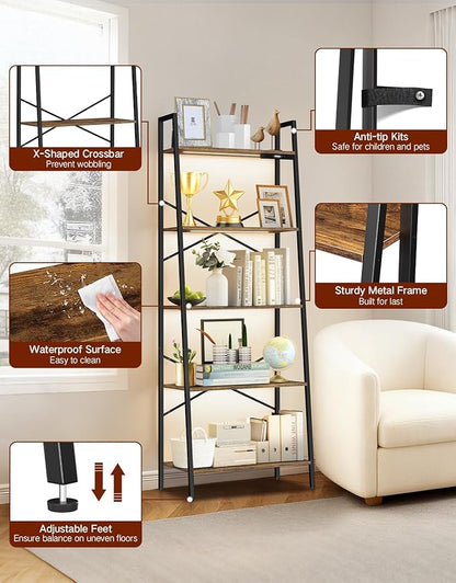 5-Tier Wide Ladder Shelf with LED Lights, Touch & Remote Control, 3 Color Temperatures, Dimmable Tall Corner Standing Bookcase, Metal Wood Display Shelf for Living Room, Bedroom