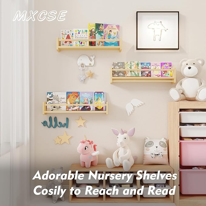 Nursery Floating Bookshelf for Kids, Wall Mounted Kids Book Shelf with Toy Storage, Pine Wood Nursery Shelves for Playroom, Bedroom, Toddler Room, Set of 3 (Pine, 23.6 Inches)