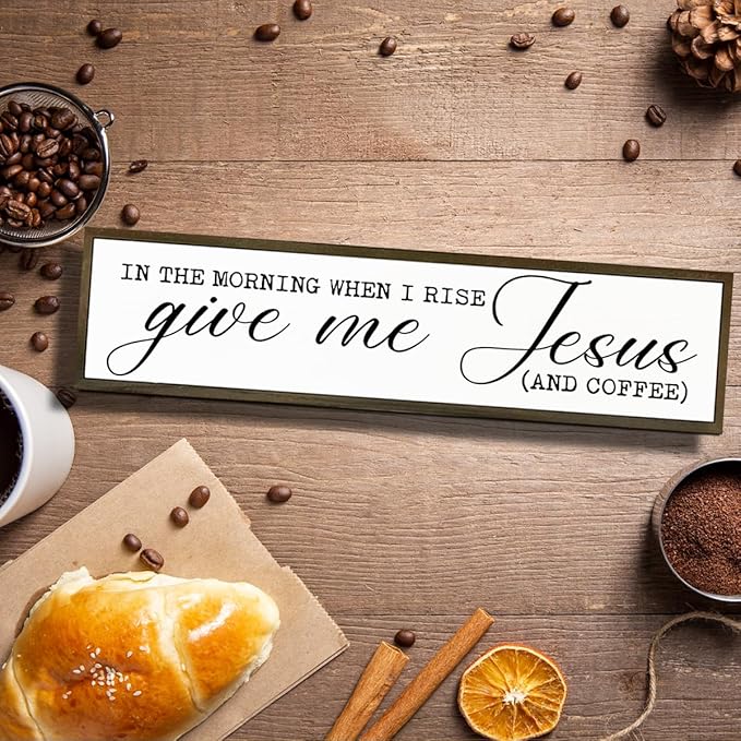Coffee Wood Sign, Rustic Wooden Hanging Signs, Desk Decor Art, Coffees Lover Decoration for Home Kitchen Bedroom, Coffees Station Decor, When I Rise Give Me Jesus and Coffee Sign, 17.8x4x1.2 inches