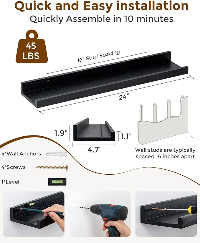 Axeman Oak Picture Ledge Shelf, 24 Inch Floating Shelves Set of 2, Solid Oak Wood Wall Shelves with Lip, Wall Decor Storage for Bedroom Living Room Bathroom Kitchen Nursery Photo Picture, Black