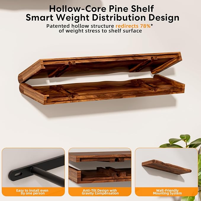 Floating Shelves for Wall Rustic Farmhouse 48 Inch Floating Shelf Bathroom Wooden Shelves for Wall Mounted Live Edge Pine Shelf with Unique Natural Grain for Living Room Bedroom Kitchen (Walnut)