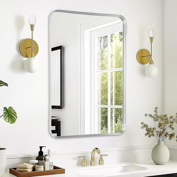 Bathroom Mirror Wall - 24x36 Inch Silver Framed Rectangular Mirror for Bathroom Over Sink, Brushed Metal Frame Mirrors for Restroom, Entryway