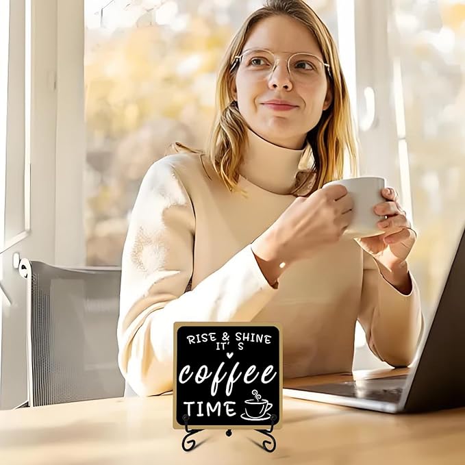 2Pcs Coffee Bar Sign Decorations, Black and White Coffee Sign Decor with Iron Stand Wooden Coffee Bar Decor Tabletop Shelf Accessories, Coffee Decorations for Coffee Bar Coffee Station Home Farmhouse