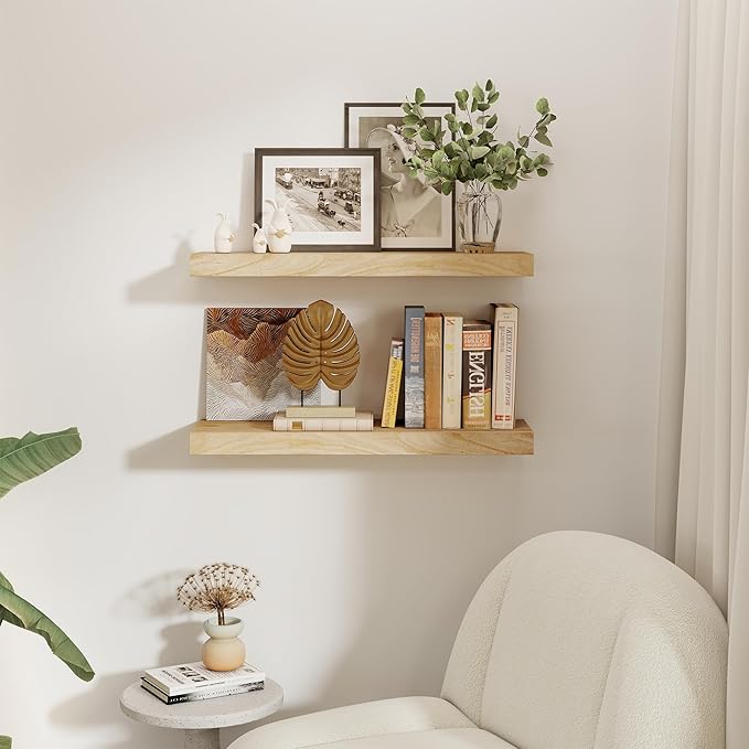 fuqing 30 Inch Floating Shelves | Natural Wood Floating Shelves Set of 2 | 30" W x 9.3" D x 1.6" H Natural Wooden Shelves for Room Storage and Decor