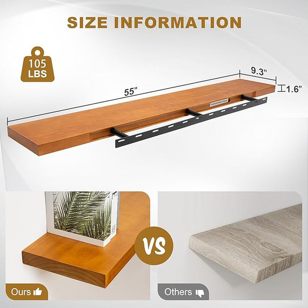 Fun Memories Floating Shelves, 9.3 Inch Deep Solid Pine Wood Wall Shelves for Storage, Rustic Wall Mounted Display Shelf with Invisible Heavy-Duty Metal Bracket, 55 Inch Width, Honey Oak
