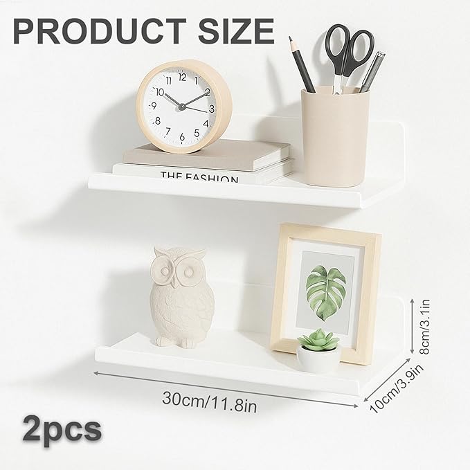 ZILAMGOO White Floating Shelves for Wall, 12 Inch Adhesive Wall Mounted Acrylic Shelves, No Drill Stick On Shelves for Bathroom, Bedroom, Kitchen, Living Room, Office (Set of 2, White)
