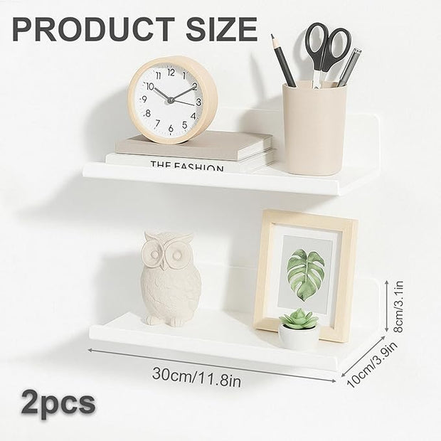 ZILAMGOO White Floating Shelves for Wall, 12 Inch Adhesive Wall Mounted Acrylic Shelves, No Drill Stick On Shelves for Bathroom, Bedroom, Kitchen, Living Room, Office (Set of 2, White)