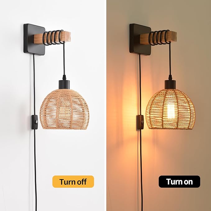 Rustic Wall Sconces Fixtures with Plug in Cord, Set of Two Indoor Vintage Rattan Wall Light Industrial Lamp Fixture Farmhouse Metal Sconces Light for Bedroom Bedside Living Room