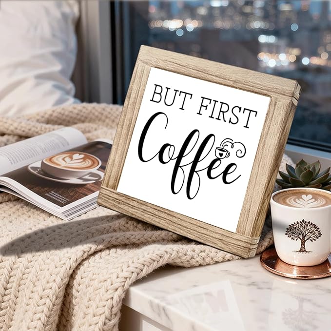 Wood Coffee sign But First Coffee Humorous Coffees Plaque Handmade Wooden Sign For Home Office Kitchen Decoration Rustic Cafe Bar Decor Funny Wall Art Ideal Gift For Coffees Lover 5.9x5.9 inches