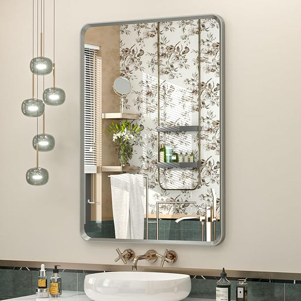 OKPAL 20 x 28 Inch Silver Bathroom Mirror, Rounded Rectangle Silver Vanity Mirror, Beveled Brushed Nickel Framed Mirror for Wall, HD Glass, Anti-Rust Aluminum Alloy Mirror