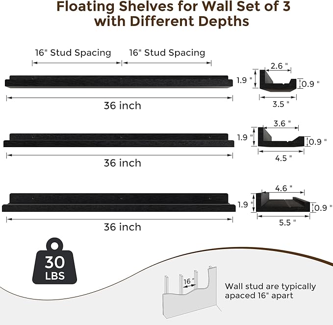 RICHFOCUS Floating Shelves for Wall, 36 inch Solid Wood Picture Ledge Shelf for Wall Storage, Nursery Book Shelves with Lip for Living Room Bathroom Bedroom Kitchen, Set of 3, Distressed Black
