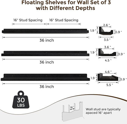 RICHFOCUS Floating Shelves for Wall, 36 inch Solid Wood Picture Ledge Shelf for Wall Storage, Nursery Book Shelves with Lip for Living Room Bathroom Bedroom Kitchen, Set of 3, Distressed Black