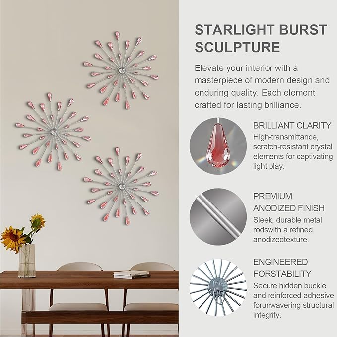 ZEXUIRU 3 Pack Silver Sunburst Wall Decor – Metal Crystal Wall Art with Sparkling Rhinestones, 14’’/18 Inch Starburst Wall Hanging Set for Living Room Bedroom Bathroom – Modern Bling Home Decorations