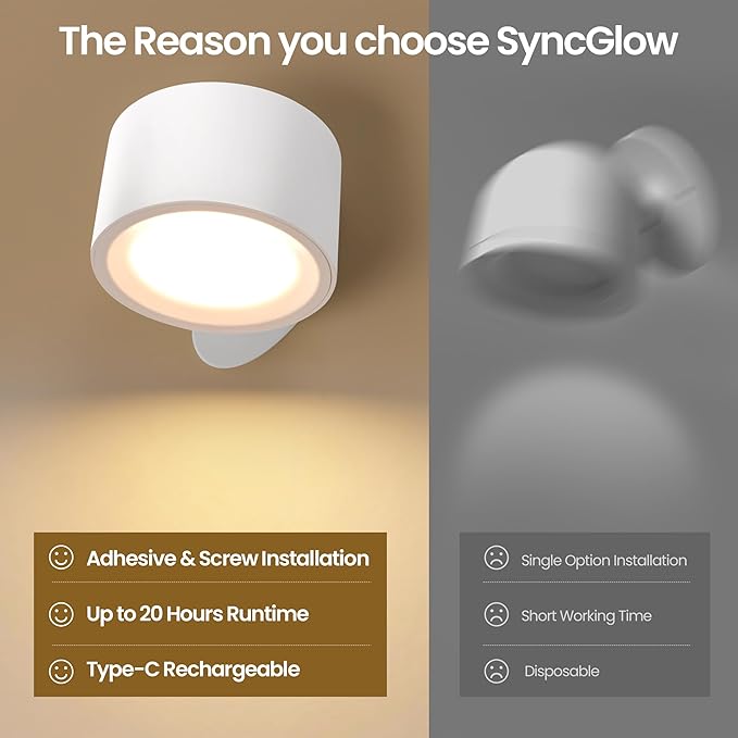 Wall Mounted Lamp LED Wall Lights with Rechargeable Battery Operated, 3 Color Temperatures & 3 Brightness Levels 360°Rotate Magnetic Ball, Cordless Sconces for Pictures, Bedroom, Reading, White-3 PACK