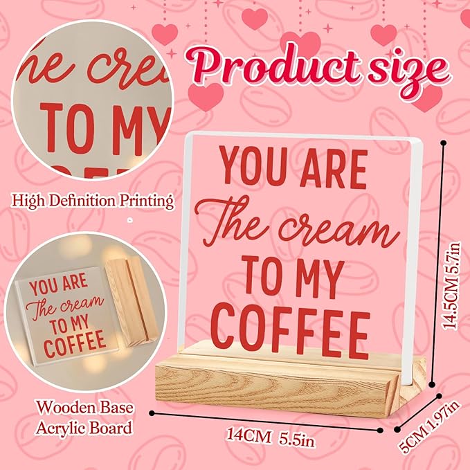 Valentines Coffee Desk Decor, Valentine's Day Gifts for Lover Bar Station, Valentine Home Office Table Sign for Kitchen Shelf Tiered Tray, Cafe Tabletop Decoration to Couples, Cream To My Coffee