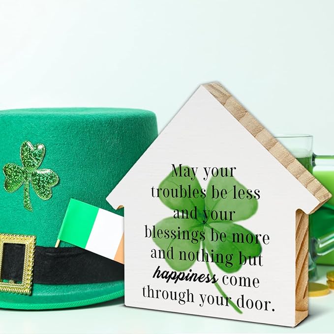 St. Patrick's Day Decor, Clover Decorations, May Your Troubles Be Less and Your Blessings Be More House Shaped Wood Block Sign, Home Decor for Desk Table Shelf, St Patricks Day Decorations
