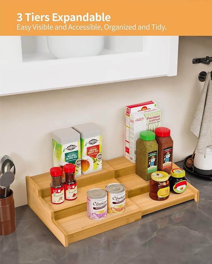 Spice Rack, 3-Tier Expandable Bamboo Spice Rack Organizer for Cabinet, Kitchen, Pantry and Cupboard Storage Organizer(2pack)