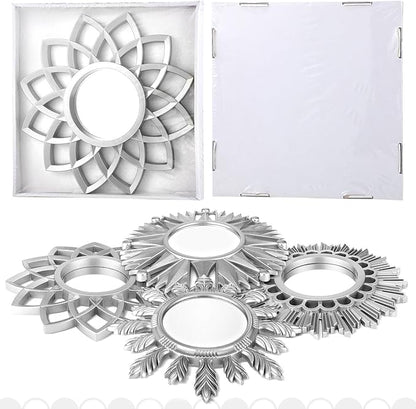 Dandat Set of 4 Gold Mirrors for Wall Decor Small Circle Flowers Mirrors Decorative Silvery Hanging Wall Art Flowers Mirror for Home Living Dinning Room Bedroom Bathroom Boho Art Gifts (Silvery)