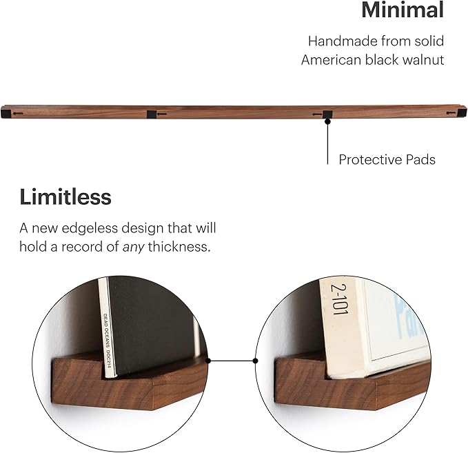 Vinyl Record Shelf - A 3-Feet Long Display Shelf Made of Solid Walnut - A Wall Mount for Your Favorite Records -This Vinyl Record Holder Fits All Records (Walnut)