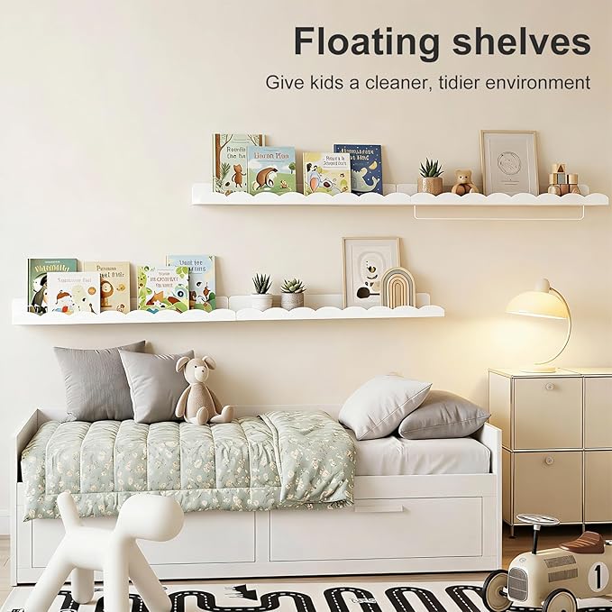 Fixwal Nursery Shelves, 24 Inch Floating Bookshelves for Wall Set of 4, Scalloped Wall Book Shelves with Towel Rack for Kids, Toddler Room, Baby Room, Nursery Decor and Storage(White)