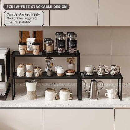 Expandable Cabinet Shelf Organizer, 2 Pack Stackable Kitchen Counter Shelf Riser, Metal Spice Rack Adjustable Heavy Duty Countertop Organizer Storage for Kitchen, Pantry, Cupboard, Rv (Black)