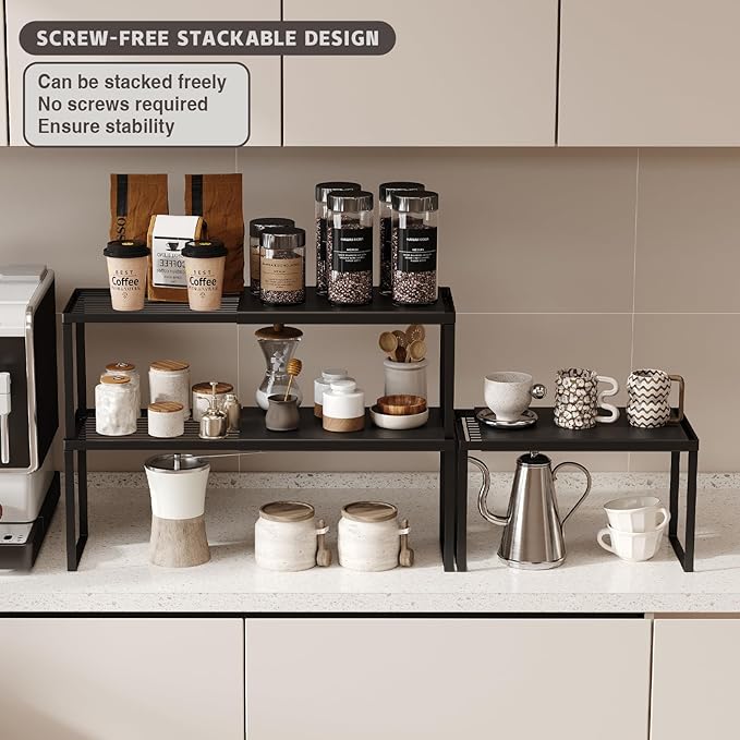 Expandable Cabinet Shelf Organizer, 1 Pack Stackable Kitchen Counter Shelf Riser, Metal Spice Rack Adjustable Heavy Duty Countertop Organizer Storage for Kitchen, Pantry, Cupboard, Rv (Black)