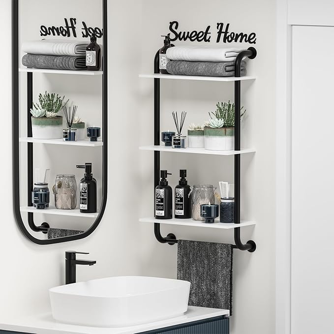 Wall Shelves 3-Tier, Bathroom Shelves Over Toilet, Rustic Industrial Pipe Shelf, Farmhouse Bathroom Decor, Floating Shelf Wall Decor for Bedroom, Living Room 17.3 inch, White