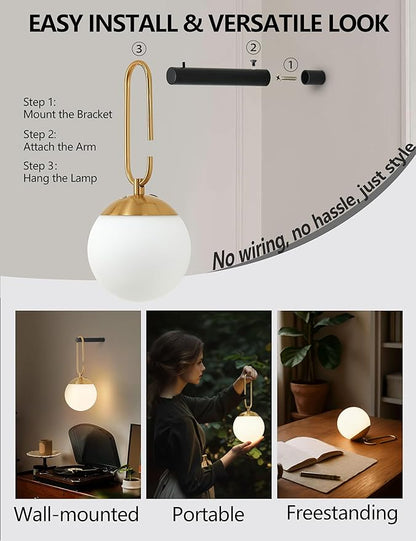 Battery Operated Wall Sconces Set of 2, Black & Gold Wireless Hanging Opal Glass Globe Wall Lamp with Touch & Remote, 12 RGB Colors & 3 Color Modes, Rechargeable Dimmable Wall Light for Bedroom