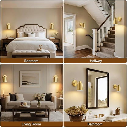 Gold Battery Operated Wall Sconces Set of Two with Remote, Rechargeable Battery Powered Wall Lights, 3 Color Temperature, Dimmable, Modern Wireless Wall Lamps for Bedroom Living Room Hallway