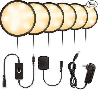 YGS-Tech LED Under Cabinet Lighting Kit, 1020 Lumens LED Puck Light, 3000K Warm White, CRI90+, Touch Dimming, Black Trim All Accessories Included, for Kitchen, Closet Lights, Safe Light, 6-Pack