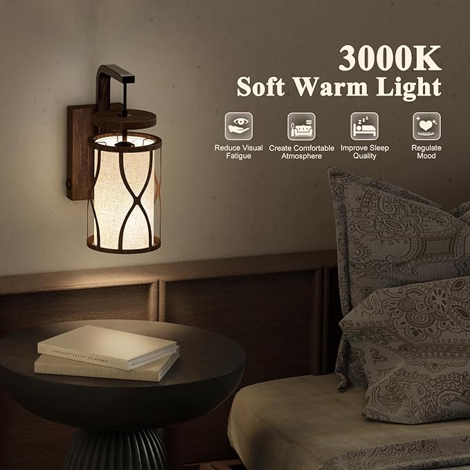 N10-1 Farmhouse Wall Sconces Dimmable Hanging Plug in Wall Lamp Linen Lampshade Metal Base Rustic Hardwired Wall Lighting Sconce Lights for Bedroom Bedside Living Room (Bulb Included)
