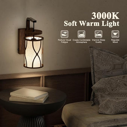 N10-1 Farmhouse Wall Sconces Dimmable Hanging Plug in Wall Lamp Linen Lampshade Metal Base Rustic Hardwired Wall Lighting Sconce Lights for Bedroom Bedside Living Room (Bulb Included)