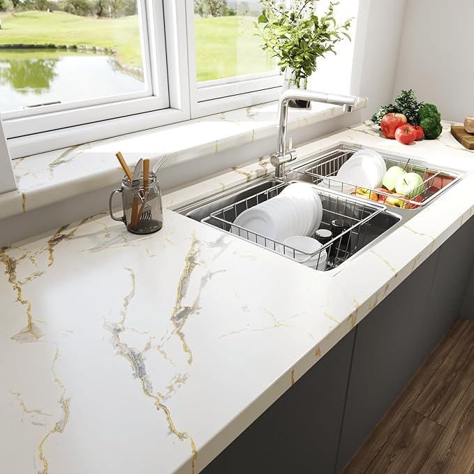 LaCheery Marble Contact Paper 160 x 36 Inch Wide White and Gold Marble Countertop Peel and Stick Waterproof Contact Paper Marble Wallpaper Peel and Stick for Wall Countertops Desk Removable Vinyl Roll