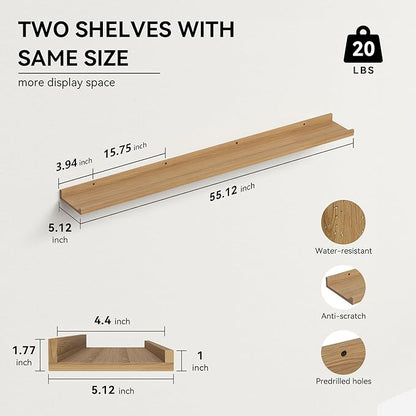 55.1 Inches Long Floating Shelves, 2 Set Rustic Wall Shelf for Bedroom, Nursery Book Shelf with Lip, Picture Ledge Shelf for Living Room, Bathroom, Kitchen - Oak